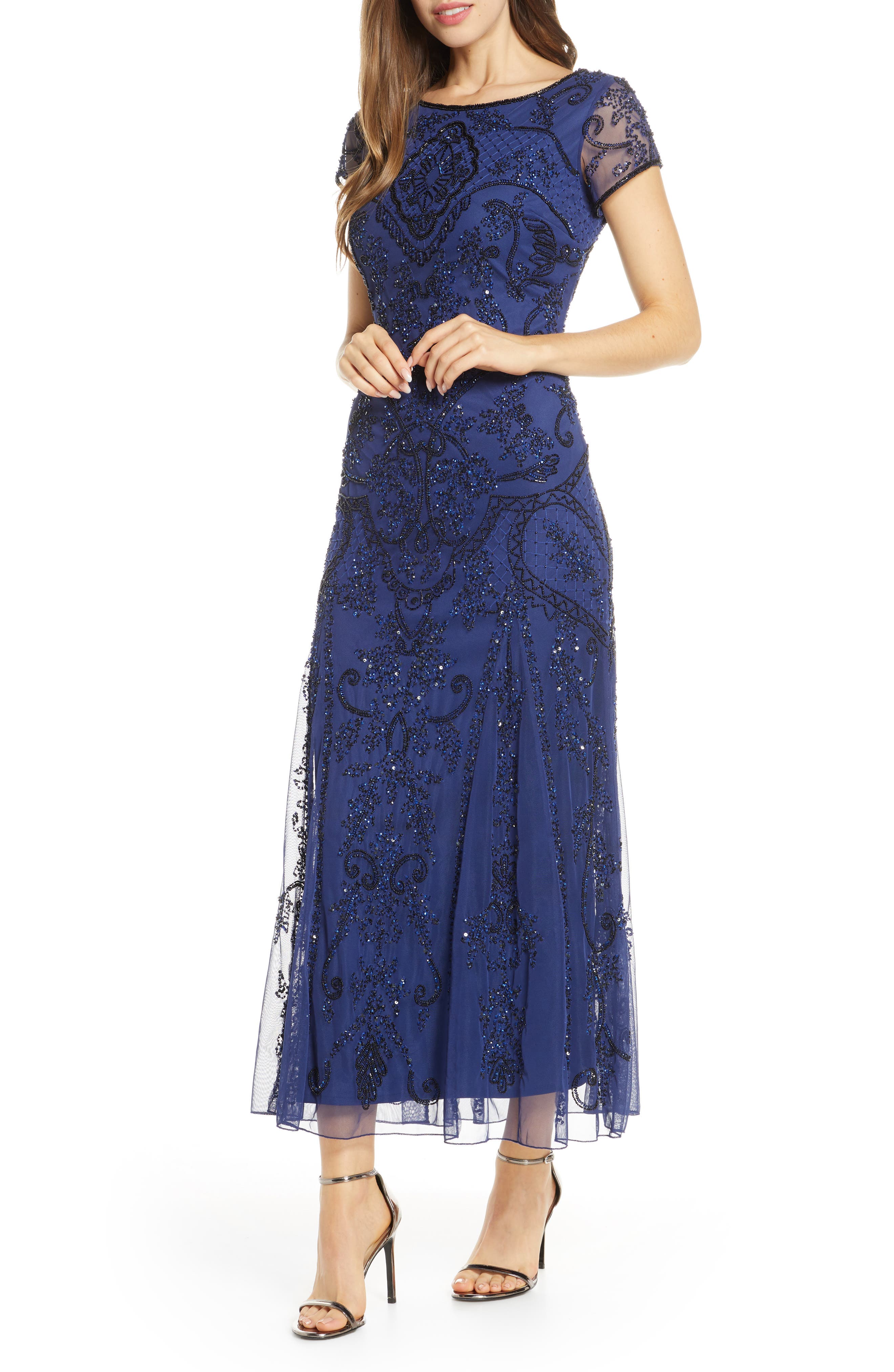 Pisarro Nights Embellished Mesh Gown In Royal