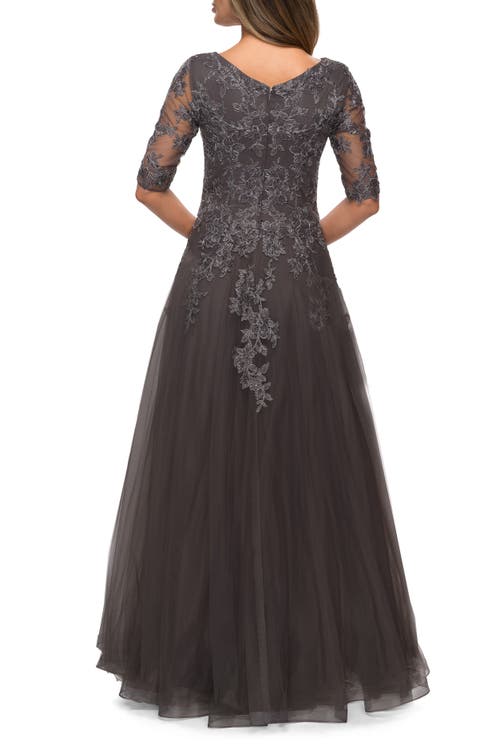 La Femme Long A-line Dress With Lace Bodice And V-neck In Gunmetal