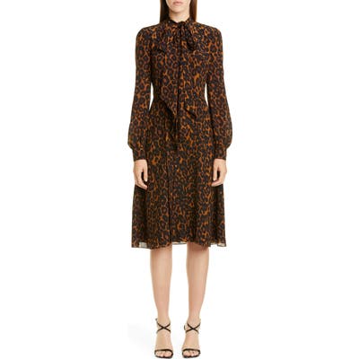 Erdem Leopard Print Tie Neck Long Sleeve Silk Dress, US / 6 UK - Brown