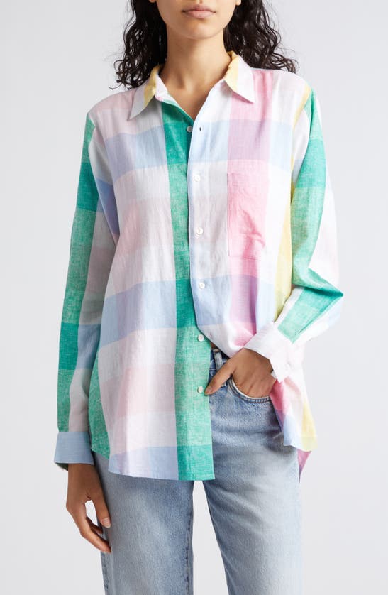 Shop Mille Sofia Long Sleeve Burnout Lace Button-up Shirt In Pastel Plaid