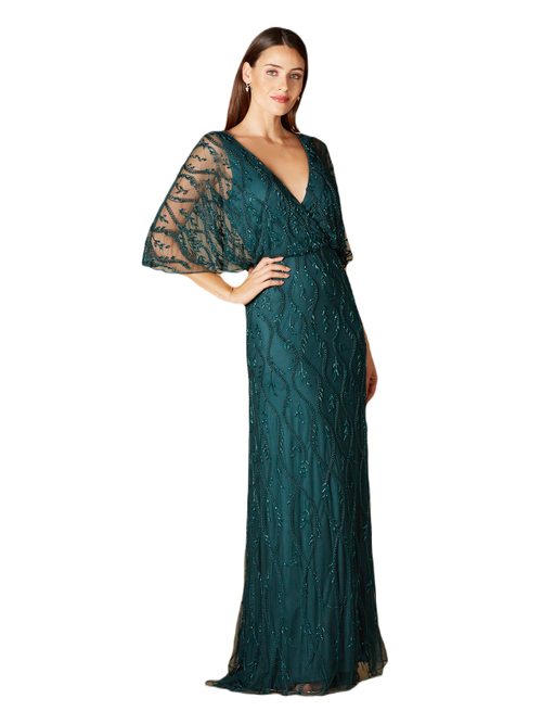 Shop Lara New York Illusion Cape Sleeve Beaded Gown In Teal