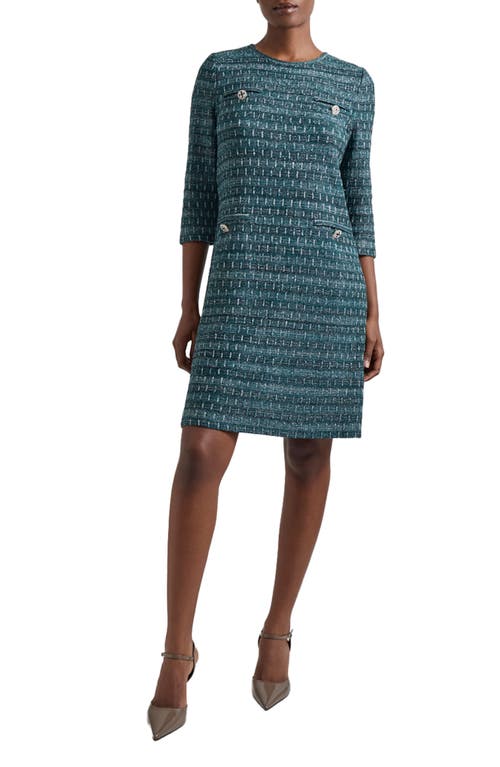 Shop Misook Metallic Tweed Shift Sweater Dress In Spruce/black/new Ivory