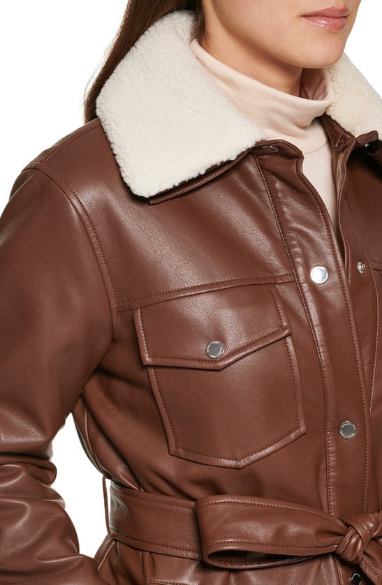 Kenneth Cole Faux Leather Tie Belt Shacket With Removable Faux Shearling Collar In Chocolate