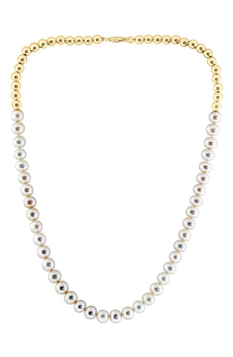 14K Gold Plated Sterling Silver 7.5–8mm Freshwater Pearl Ball Chain Necklace