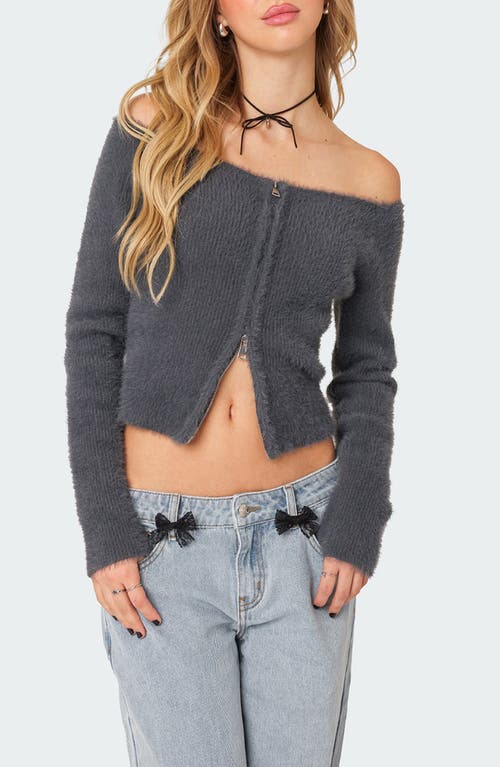 EDIKTED Sonia Off the Shoulder Cardigan Dark-Gray at Nordstrom,