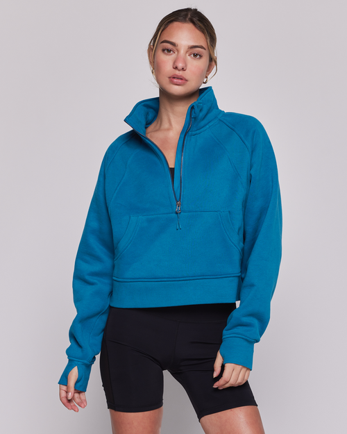 Rebody Active Effortless Fleece Crop Half Zip Sweatshirt In Moroccan Blue
