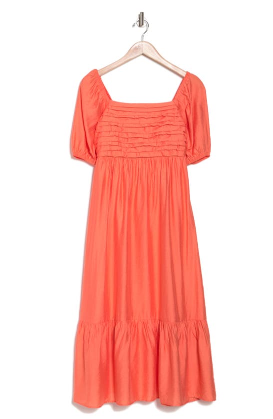 August Sky Pleated Square Neck Midi Dress In Orange