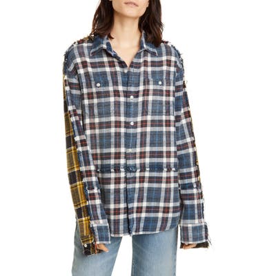 R13 Mended Double Plaid Shirt, Blue
