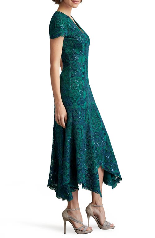 Shop Tadashi Shoji Sequin Lace Midi Cocktail Dress In Tea Leaf