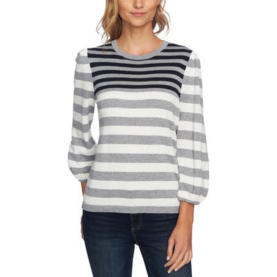 Cece Stripe Blouson Sleeve Sweater, Grey