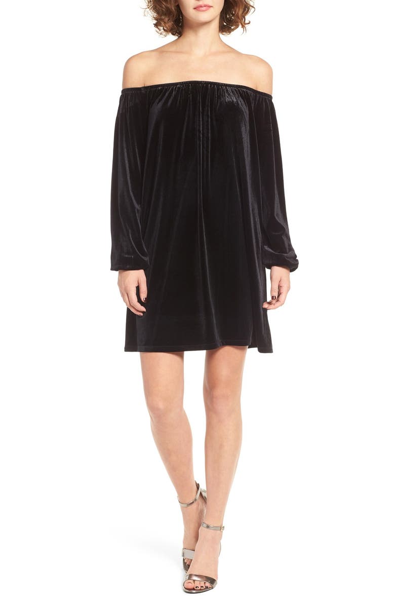 ONE CLOTHING Off the Shoulder Velvet Swing Dress, Main, color, BLACK