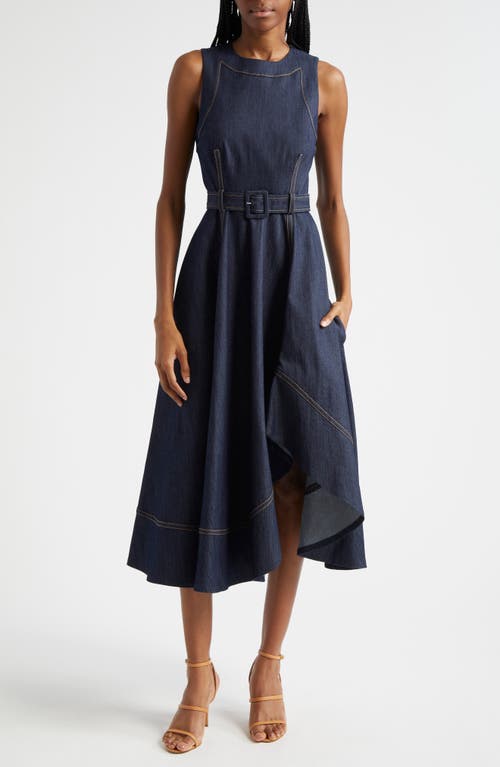 Cinq À Sept Zelda Belted Asymmetric Sleeveless Denim Midi Dress In Indigo