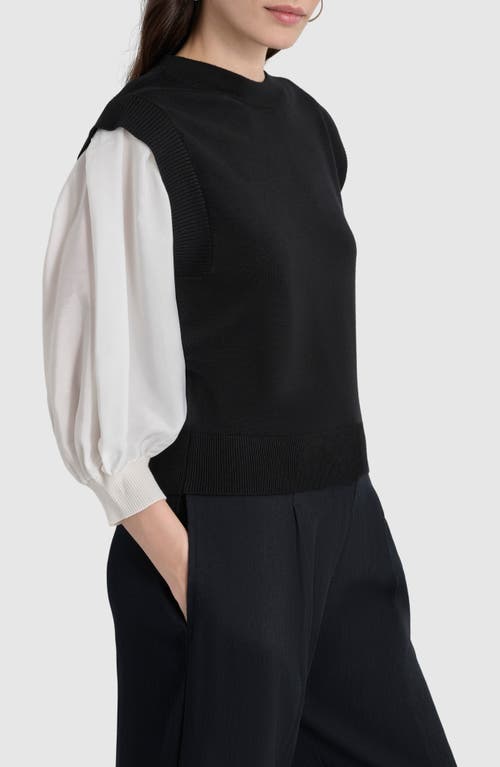 Shop Dkny Mixed Media Layered Crewneck Sweater In Black/ivory