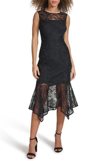 Kensie Women's Embroidered Mesh Handkerchief-hem Dress In Black