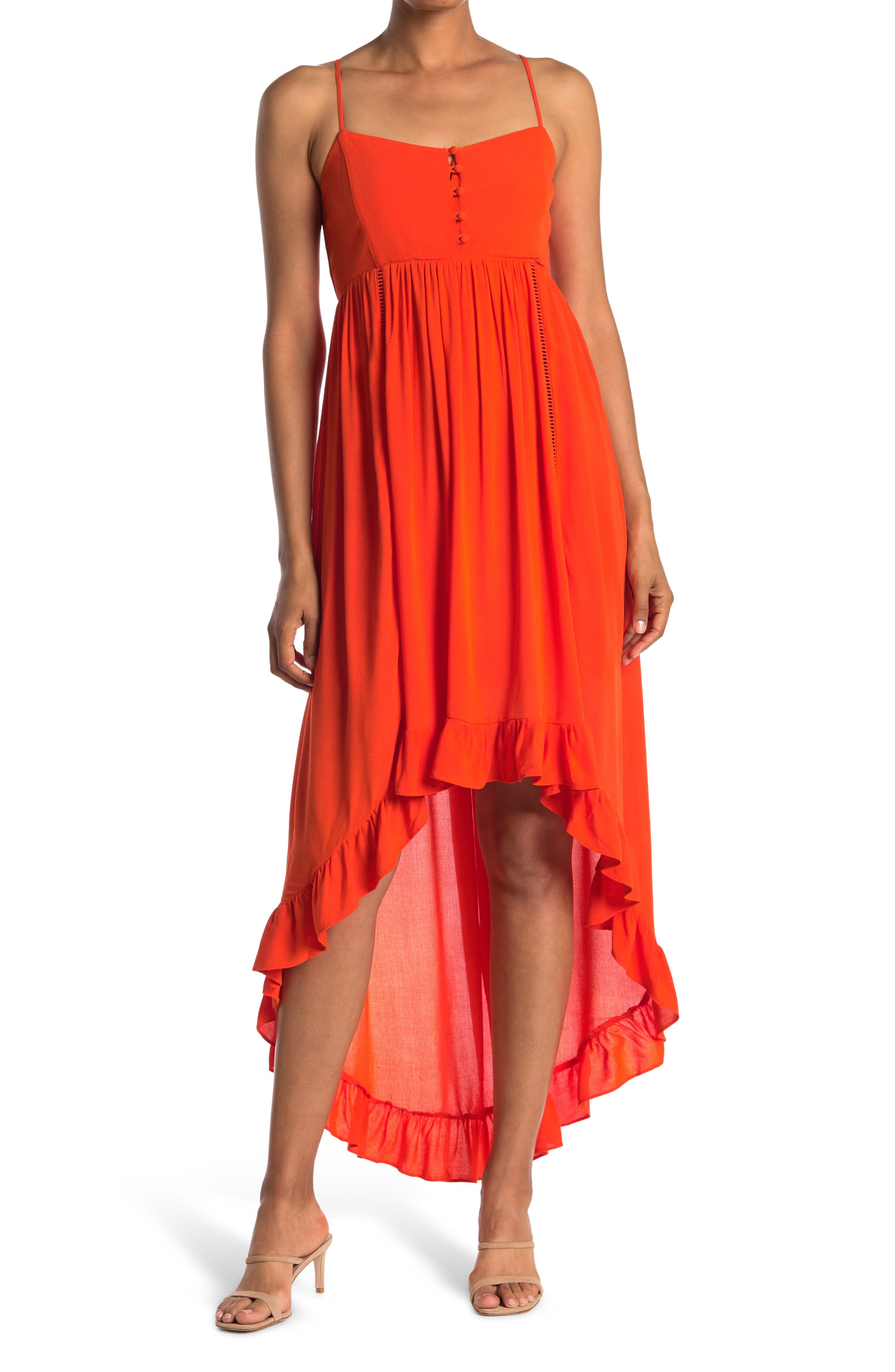 Bb Dakota Ruffle High/low Hem Sleeveless Dress In Bright Orange