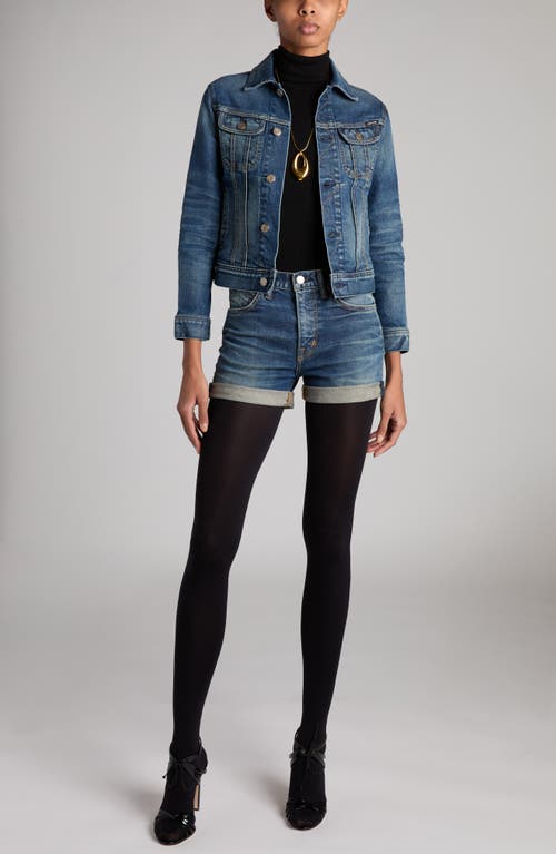 Tom Ford High Waist Rolled Hem Comfort Stone Washed Denim Shorts In Hb772 Mid Blue
