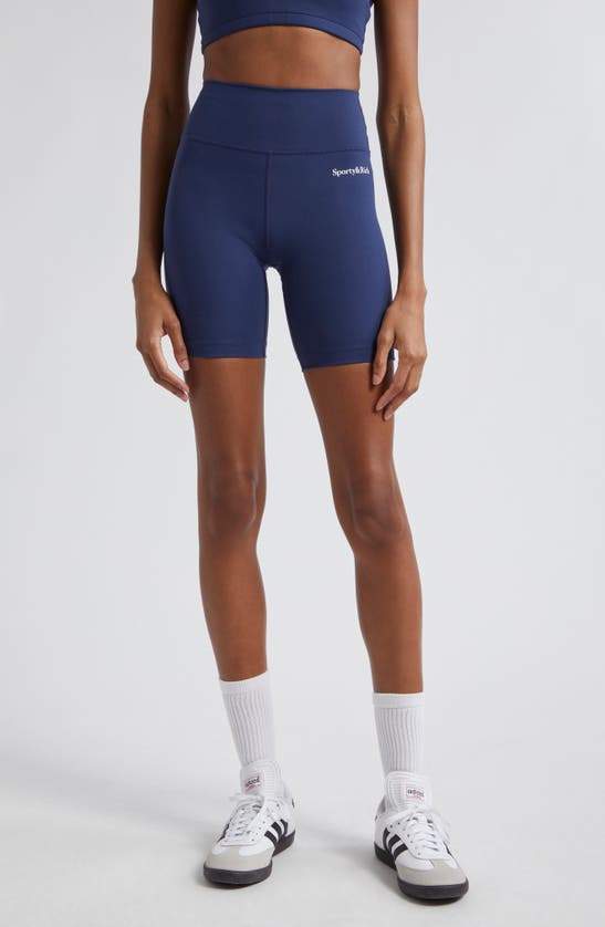 Shop Sporty And Rich Sporty & Rich Serif Logo Bike Shorts In Navy