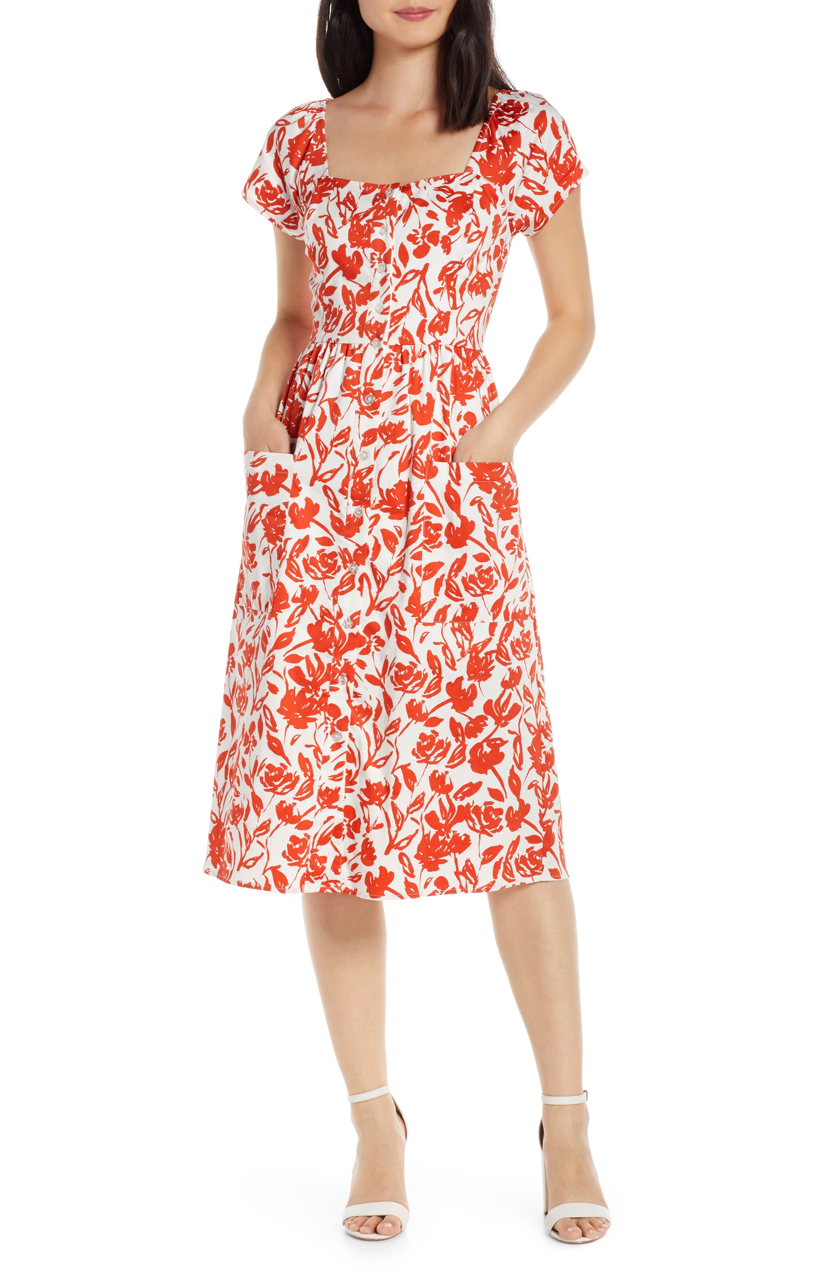Charles Henry Floral Button Front Dress, Orange