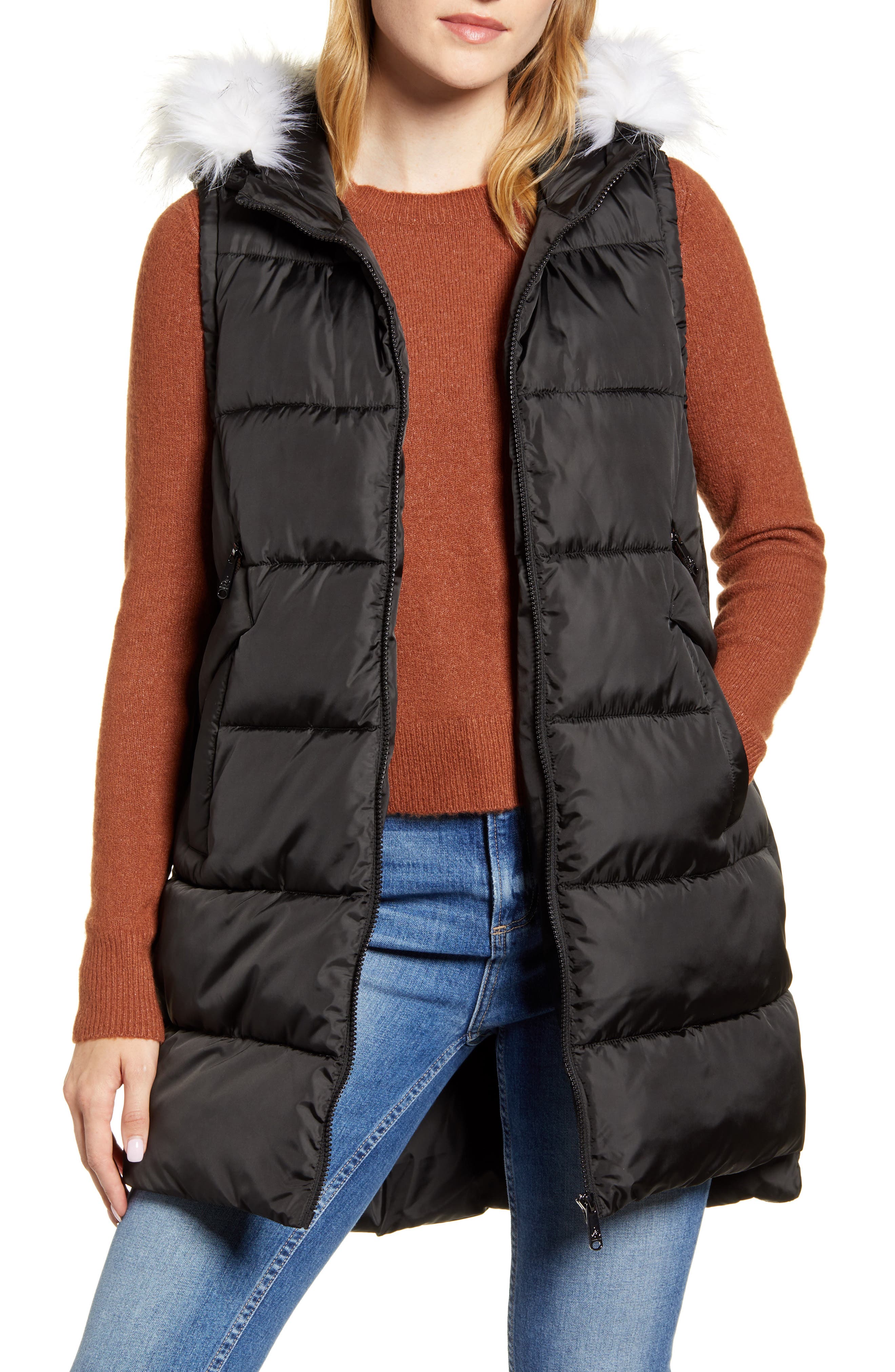 puffer vest with fur hood