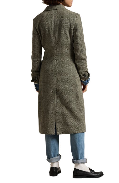 Polo Ralph Lauren Herringbone Single Breasted Suede Trim Wool Blend Coat In Black/cream Herringbone
