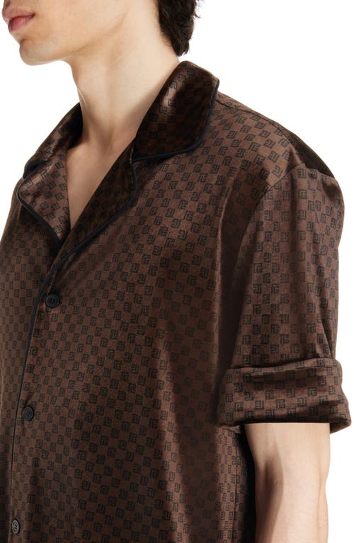 Shop Balmain Mini Monogram Short Sleeve Velvet Button-up Shirt In Wfp Brown/multi