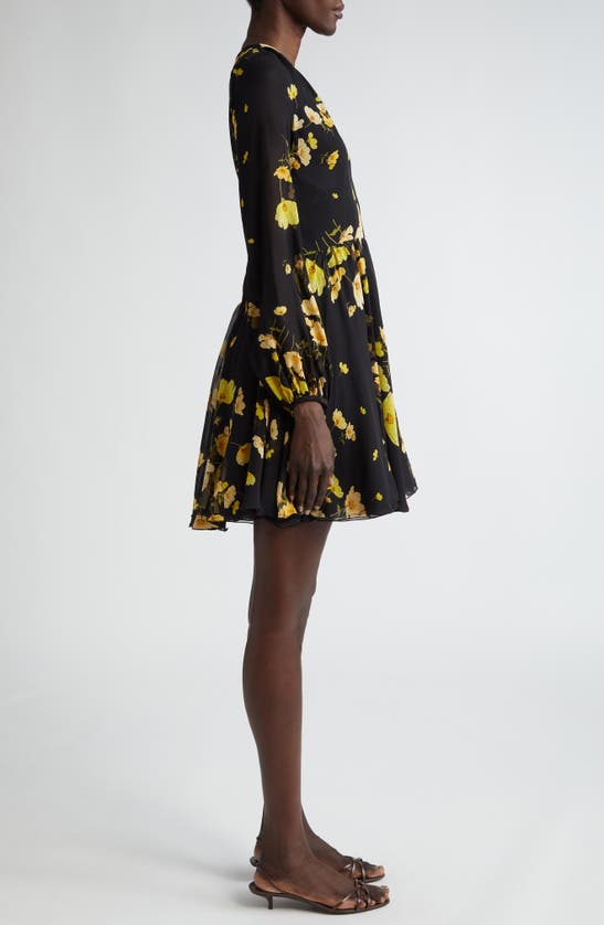Shop Giambattista Valli Floral Print Long Sleeve Silk Chiffon Dress In Black/ Yellow