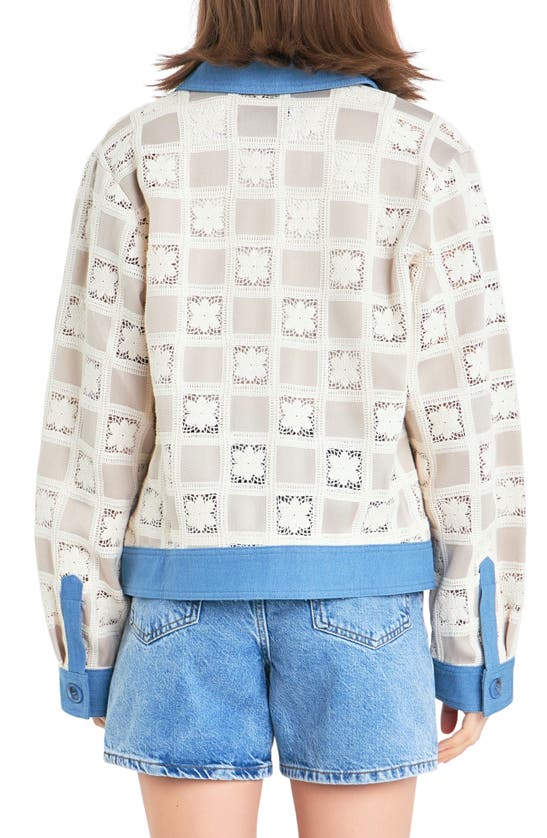 Shop English Factory Patchwork Crochet & Denim Jacket In Beige Multi