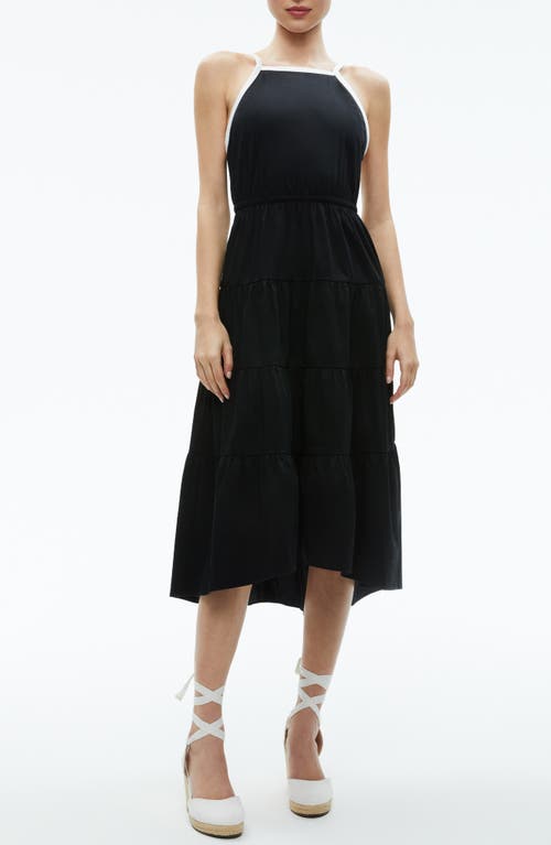 Alice + Olivia Hartley Tie Back Tiered Stretch Cotton Midi Dress Black/Off White at Nordstrom,