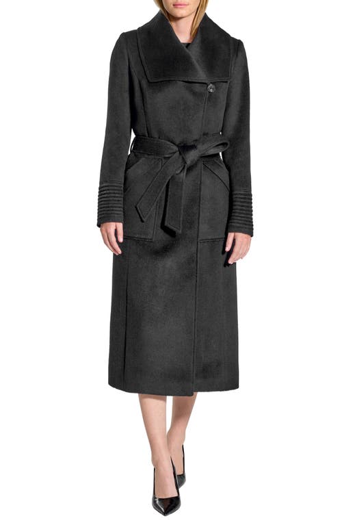 Wide Collar Belted Alpaca & Wool Wrap Coat in Black