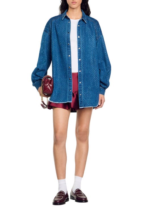 Shop Sandro Denim Shirt With Rhinestones In Blue Jean