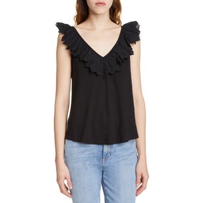 La Vie Rebecca Taylor Embroidered Ruffle Linen & Cotton Top, Black