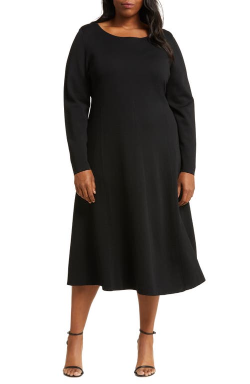 Milano Long Sleeve Knit A-Line Midi Dress in Black
