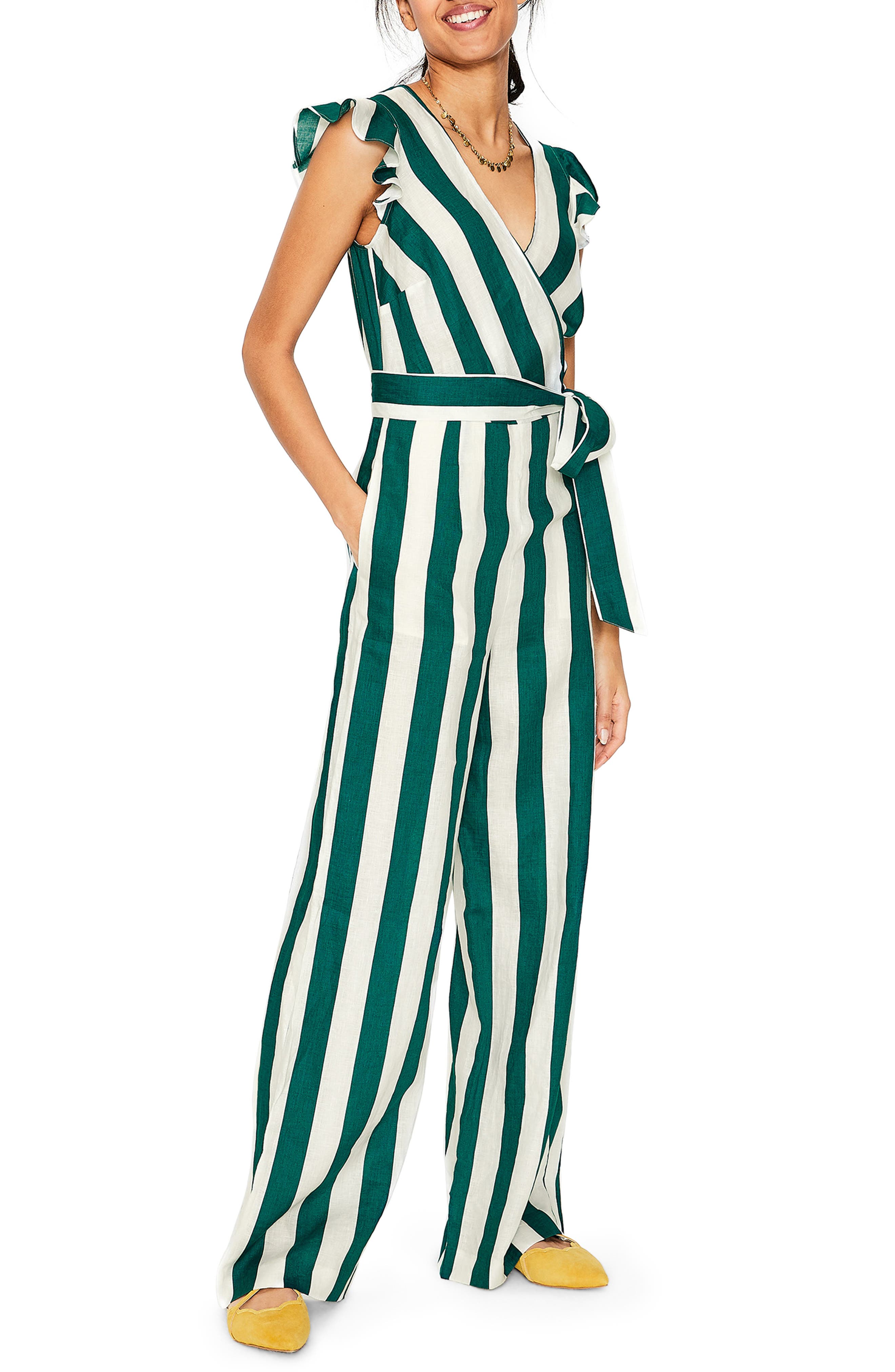 Petite Boden Mila Stripe Linen Jumpsuit, Green