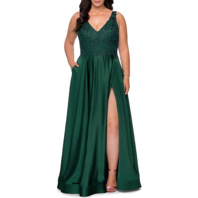 Plus Size La Femme Beaded Satin Gown, Green