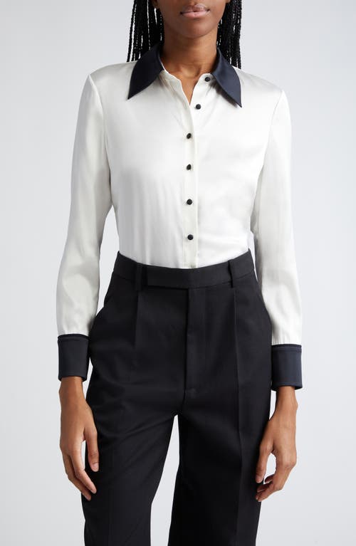 Alice + Olivia Willa Contrast Trim Stretch Silk Button-Up Shirt in Off White/Black