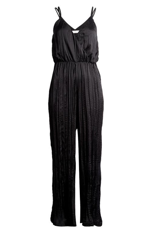 Shop Astr The Label Surplice Neck Plissé Satin Jumpsuit In Black