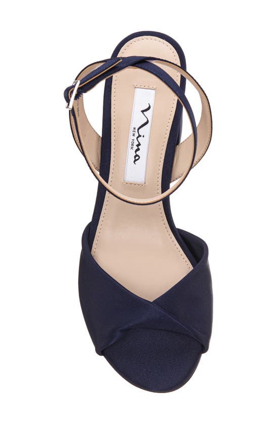 Nina Nigella Glitter Ankle Wrap Sandal In New Navy Luster Satin
