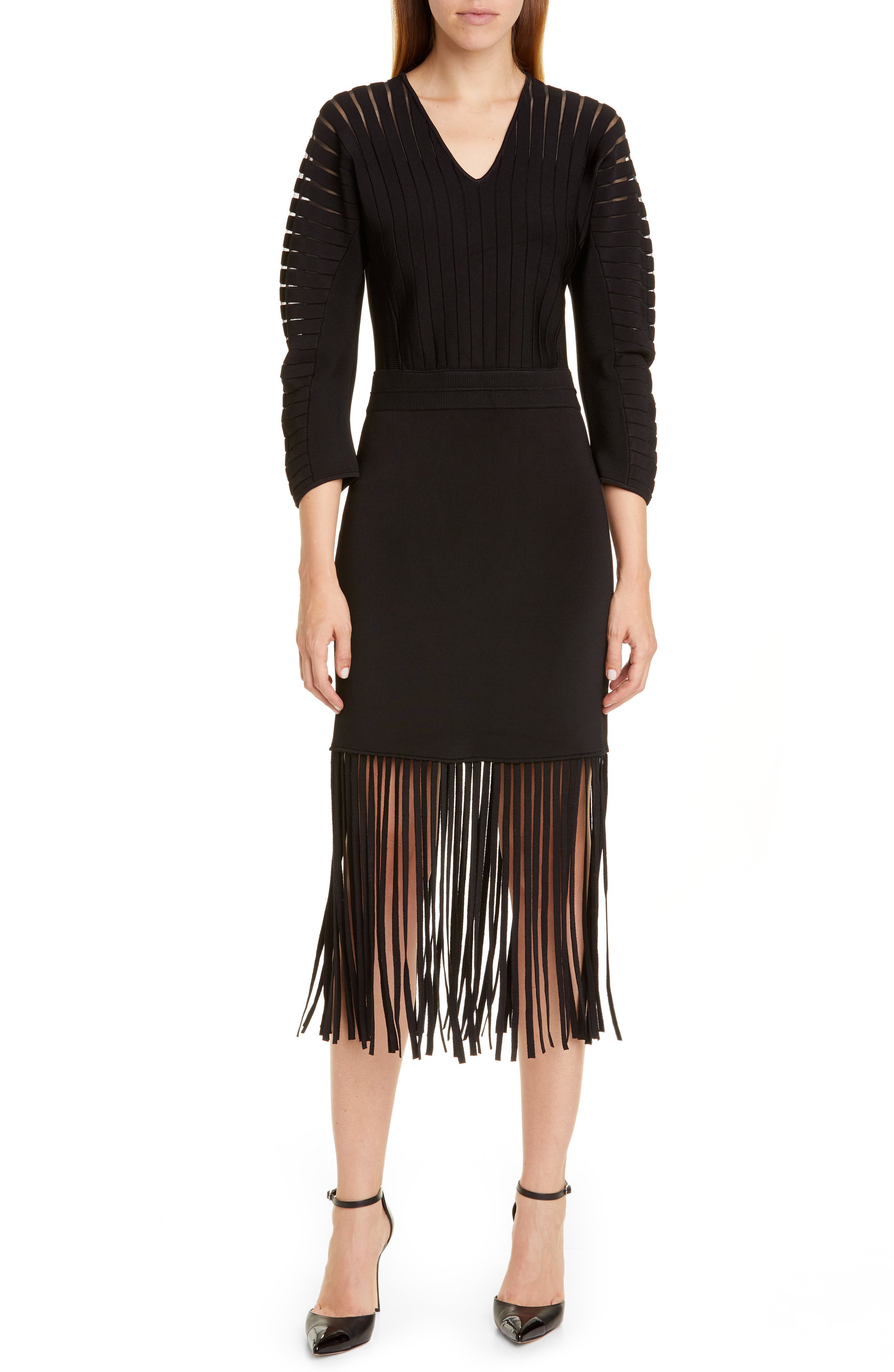 Yigal Azrouel Fringe Hem Midi Sweater Dress, Black