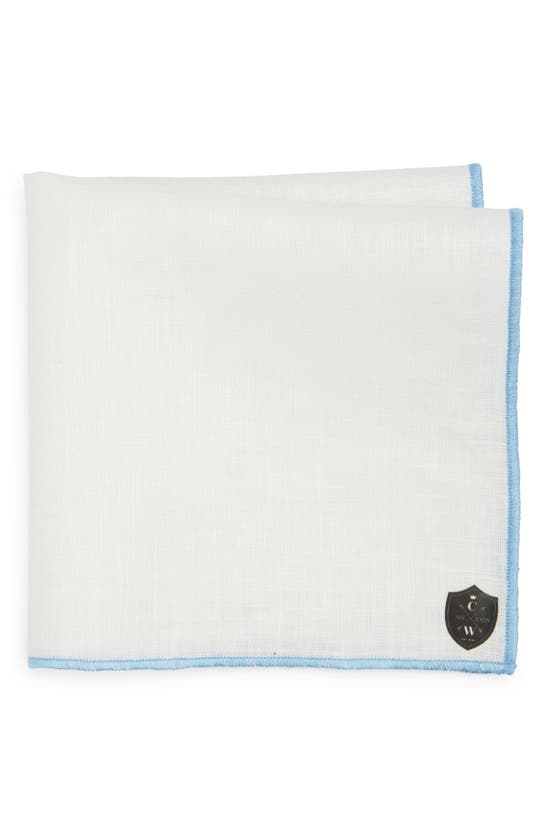 Shop Clifton Wilson White Linen Pocket Square With Light Blue Trim