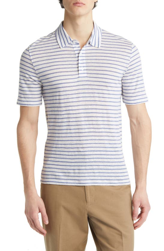 Shop Vince Stripe Short Sleeve Linen Polo In Off White/rivera