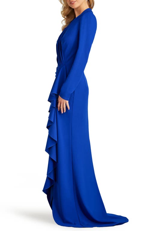 Shop Tadashi Shoji Drape Ruffle Long Sleeve Stretch Crepe Gown In Mystic Blue