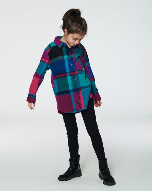 Shop Deux Par Deux Little Girl's Button Down Polar Fleece Tunic Shirt Plaid Turquoise And Pink In Plaid Teal & Lilac