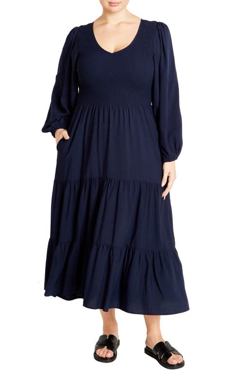 City Chic Jayden Tiered Long Sleeve Dress In Navy