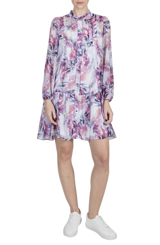 Shop Julia Jordan Floral Pleat Long Sleeve Chiffon Dress In Purple Multi