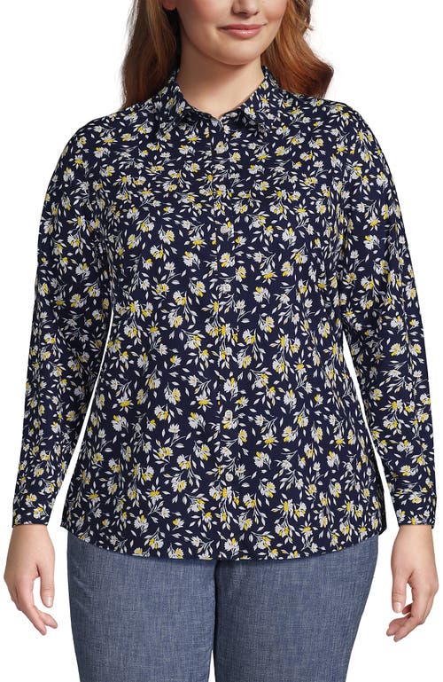 Shop Lands' End Plus Size No Iron Button Front Shirt In Deep Sea Navy Floral