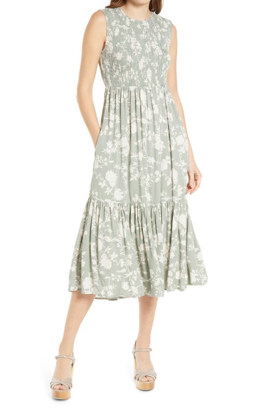 Treasure & Bond Smocked Sleeveless Midi Dress In Green Seagrass Vintage Floral