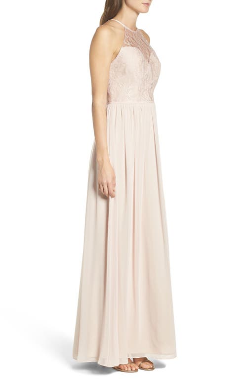 Hayley Paige Occasions Lace & Chiffon Halter Gown In Rose/ Blush/ Cashmere
