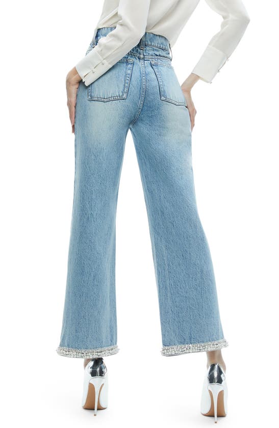Shop Alice And Olivia Alice + Olivia Ora Imitation Pearl & Crystal Detail Wide Leg Ankle Jeans In Rockstar Blue