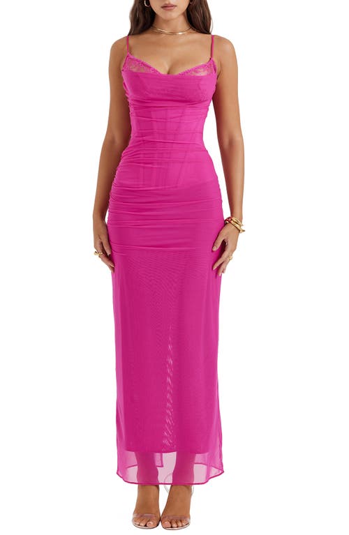 Nalini Mesh Corset Cocktail Dress in Fuschia