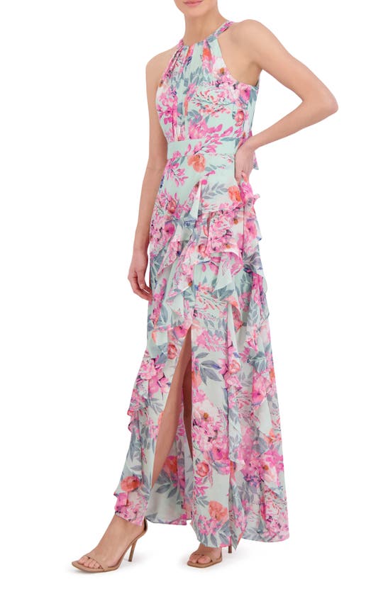 Shop Eliza J Floral Print Asymmetric Ruffle Sleeveless Maxi Dress In Mint